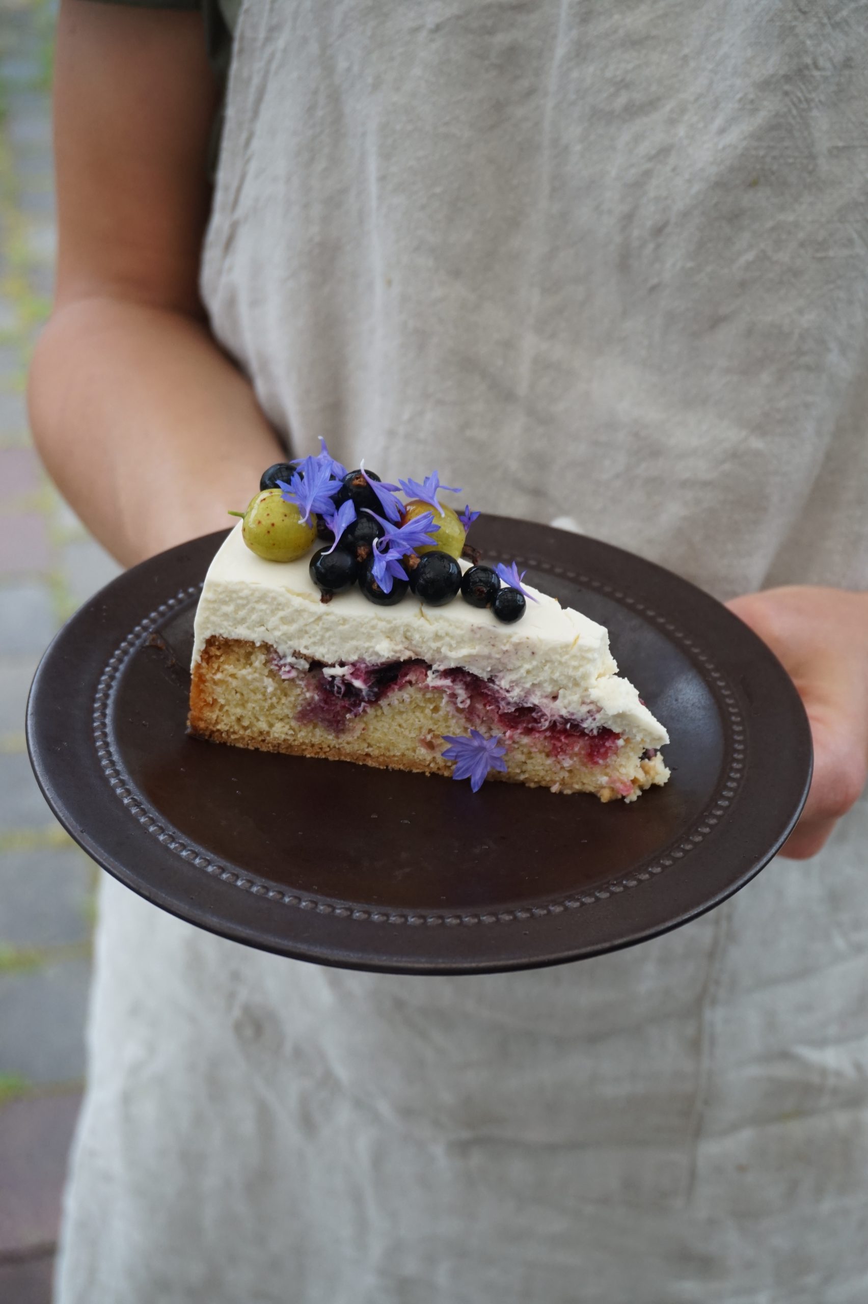 Slice of berry cake on brown plate